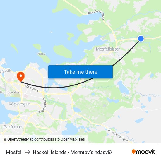 Mosfell to Háskóli Íslands - Menntavísindasvið map