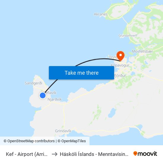 Kef - Airport (Arrivals) to Háskóli Íslands - Menntavísindasvið map
