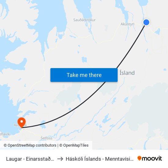 Laugar - Einarsstaðaskáli to Háskóli Íslands - Menntavísindasvið map