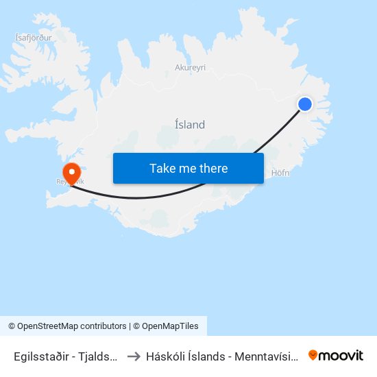 Egilsstaðir - Tjaldsvæðið to Háskóli Íslands - Menntavísindasvið map