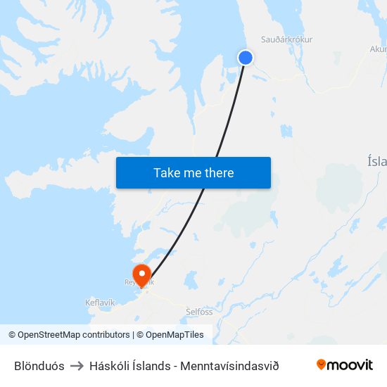 Blönduós to Háskóli Íslands - Menntavísindasvið map