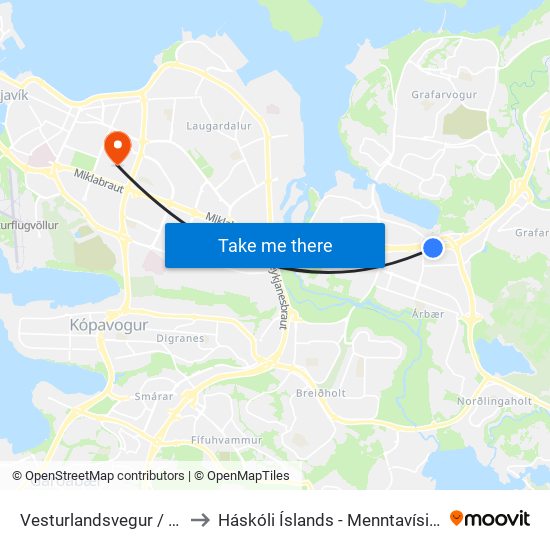 Vesturlandsvegur / Hálsar to Háskóli Íslands - Menntavísindasvið map