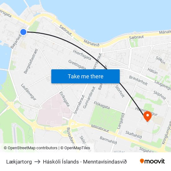 Lækjartorg to Háskóli Íslands - Menntavísindasvið map