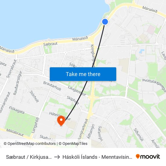 Sæbraut / Kirkjusandur to Háskóli Íslands - Menntavísindasvið map