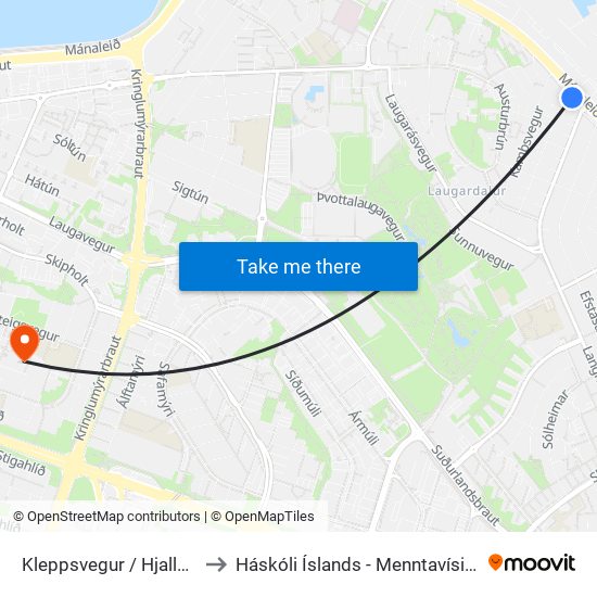 Kleppsvegur / Hjallavegur to Háskóli Íslands - Menntavísindasvið map