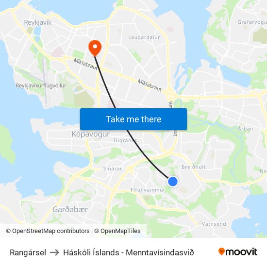 Rangársel to Háskóli Íslands - Menntavísindasvið map