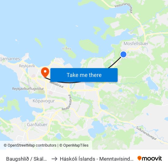Baugshlíð / Skálatún to Háskóli Íslands - Menntavísindasvið map