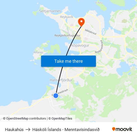 Haukahús to Háskóli Íslands - Menntavísindasvið map