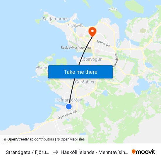 Strandgata / Fjörukráin to Háskóli Íslands - Menntavísindasvið map