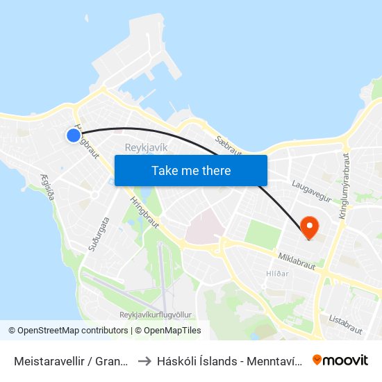 Meistaravellir / Grandavegur to Háskóli Íslands - Menntavísindasvið map