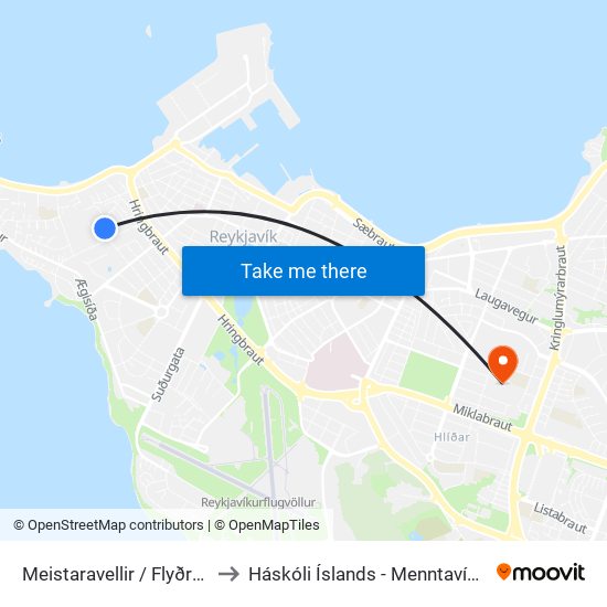 Meistaravellir / Flyðrugrandi to Háskóli Íslands - Menntavísindasvið map