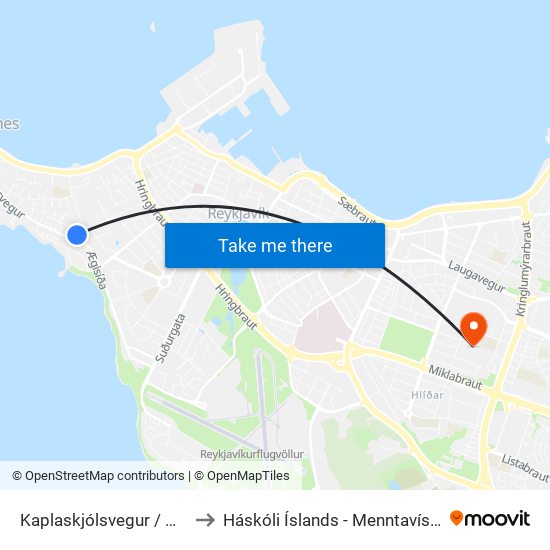 Kaplaskjólsvegur / Ægisíða to Háskóli Íslands - Menntavísindasvið map