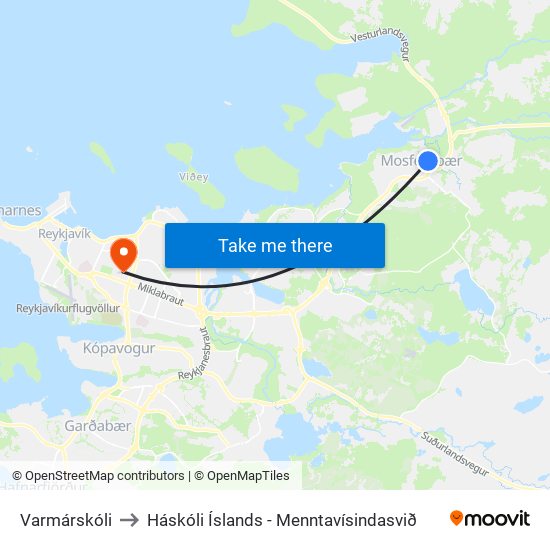 Varmárskóli to Háskóli Íslands - Menntavísindasvið map