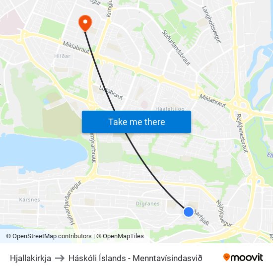 Hjallakirkja to Háskóli Íslands - Menntavísindasvið map