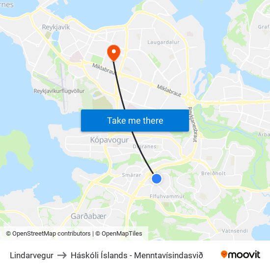 Lindarvegur to Háskóli Íslands - Menntavísindasvið map