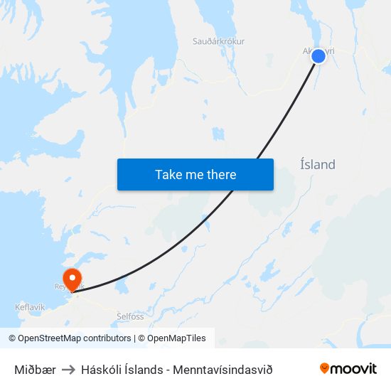 Miðbær to Háskóli Íslands - Menntavísindasvið map