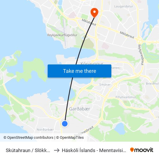 Skútahraun / Slökkvistöð to Háskóli Íslands - Menntavísindasvið map