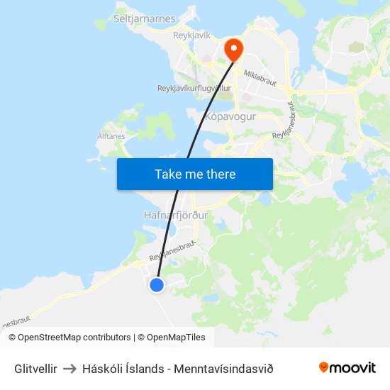 Glitvellir to Háskóli Íslands - Menntavísindasvið map