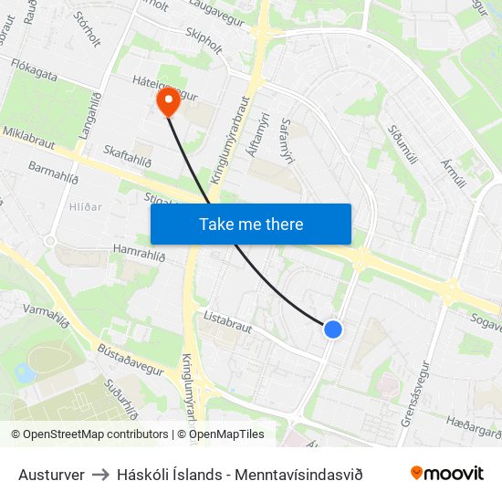 Austurver to Háskóli Íslands - Menntavísindasvið map