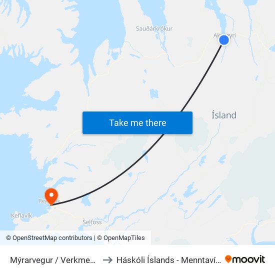 Mýrarvegur / Verkmenntaskóli to Háskóli Íslands - Menntavísindasvið map