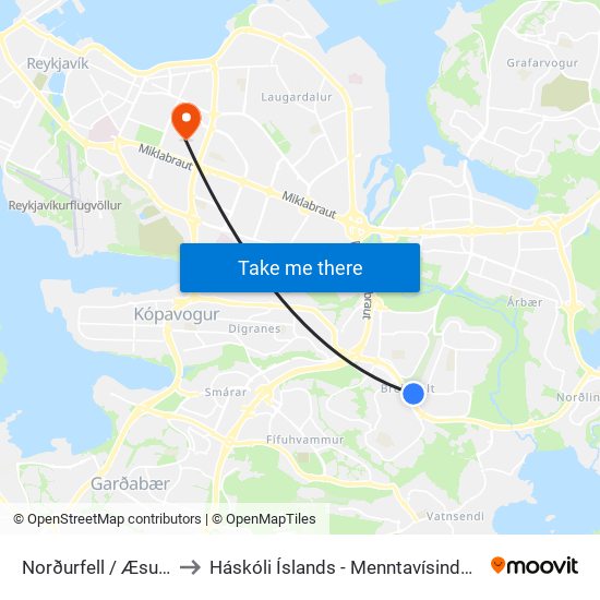 Norðurfell / Æsufell to Háskóli Íslands - Menntavísindasvið map