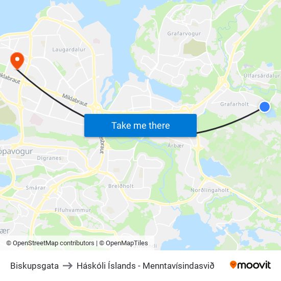 Biskupsgata to Háskóli Íslands - Menntavísindasvið map