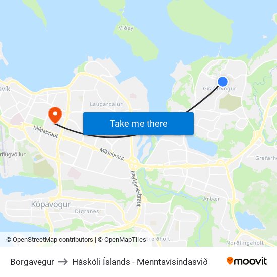 Borgavegur to Háskóli Íslands - Menntavísindasvið map