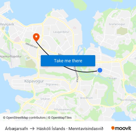 Árbæjarsafn to Háskóli Íslands - Menntavísindasvið map