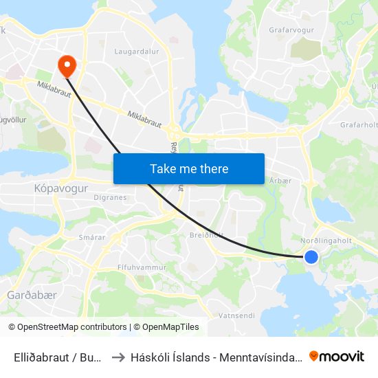 Elliðabraut / Bugða to Háskóli Íslands - Menntavísindasvið map