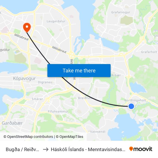 Bugða / Reiðvað to Háskóli Íslands - Menntavísindasvið map