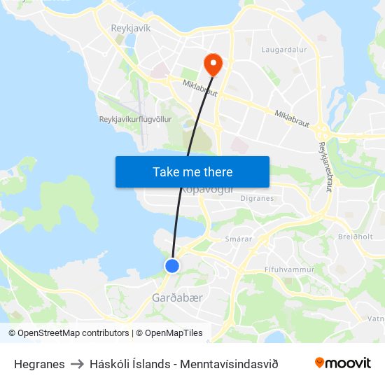 Hegranes to Háskóli Íslands - Menntavísindasvið map
