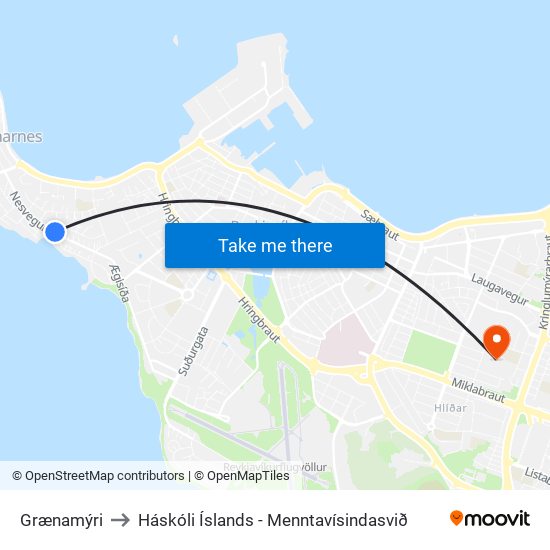 Grænamýri to Háskóli Íslands - Menntavísindasvið map