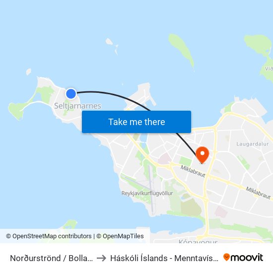 Norðurströnd / Bollagarðar to Háskóli Íslands - Menntavísindasvið map