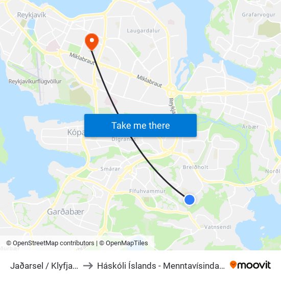 Jaðarsel / Klyfjasel to Háskóli Íslands - Menntavísindasvið map