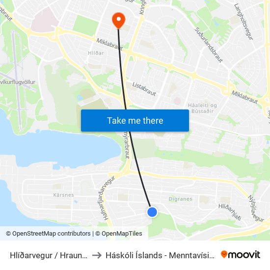 Hlíðarvegur / Hrauntunga to Háskóli Íslands - Menntavísindasvið map