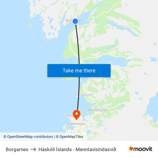 Borgarnes to Háskóli Íslands - Menntavísindasvið map