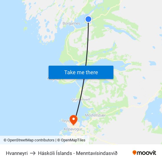 Hvanneyri to Háskóli Íslands - Menntavísindasvið map