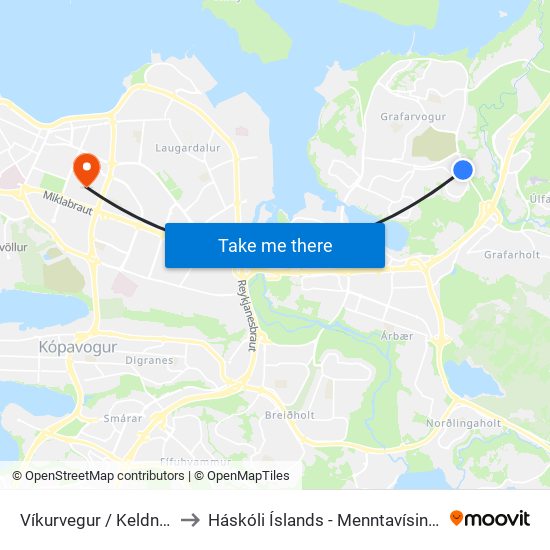 Víkurvegur / Keldnaholt to Háskóli Íslands - Menntavísindasvið map