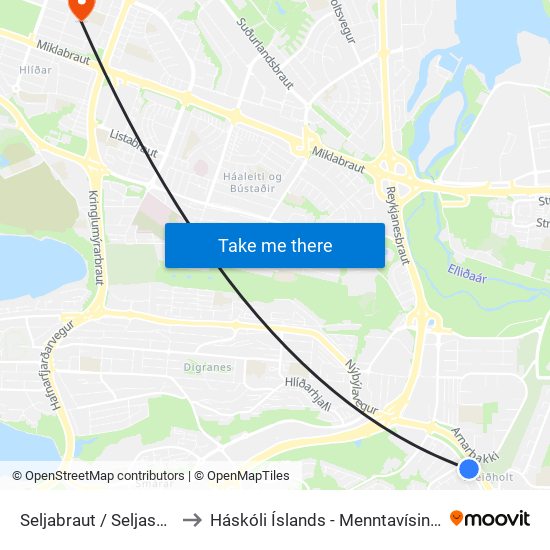 Seljabraut / Seljaskógar to Háskóli Íslands - Menntavísindasvið map