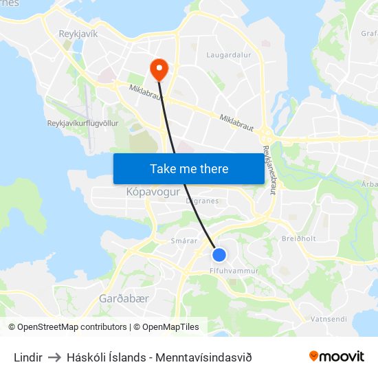 Lindir to Háskóli Íslands - Menntavísindasvið map