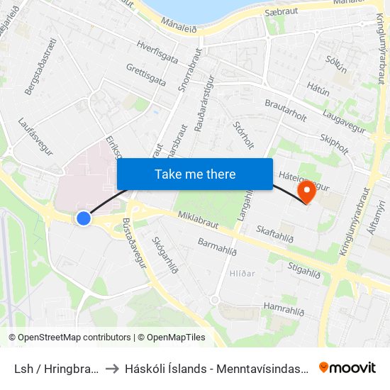 Lsh / Hringbraut to Háskóli Íslands - Menntavísindasvið map