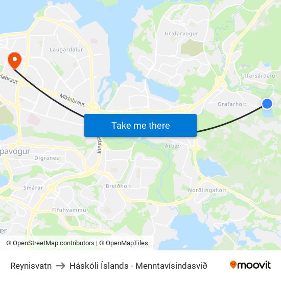 Reynisvatn to Háskóli Íslands - Menntavísindasvið map