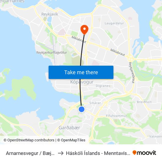 Arnarnesvegur / Bæjarbraut to Háskóli Íslands - Menntavísindasvið map