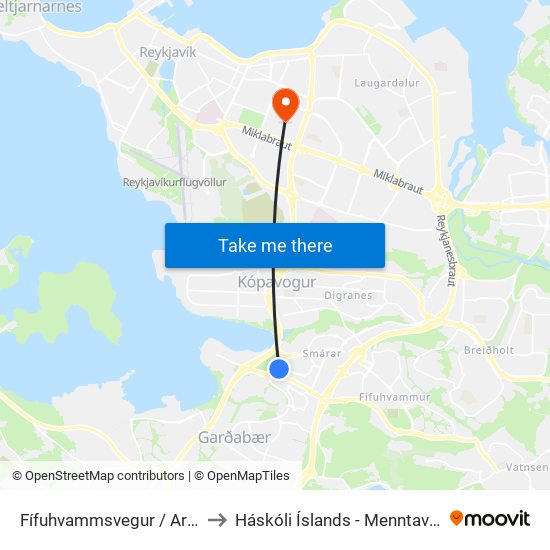 Fífuhvammsvegur / Arnarsmári to Háskóli Íslands - Menntavísindasvið map