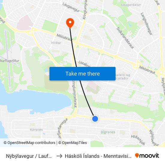 Nýbýlavegur / Laufbrekka to Háskóli Íslands - Menntavísindasvið map