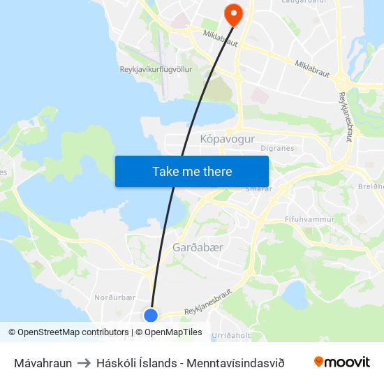 Mávahraun to Háskóli Íslands - Menntavísindasvið map