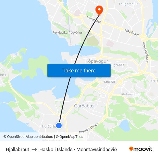 Hjallabraut to Háskóli Íslands - Menntavísindasvið map