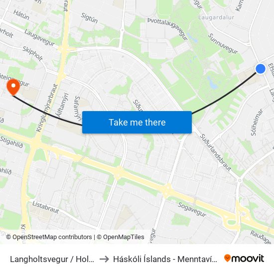 Langholtsvegur / Holtavegur to Háskóli Íslands - Menntavísindasvið map