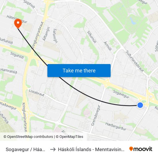 Sogavegur / Háagerði to Háskóli Íslands - Menntavísindasvið map