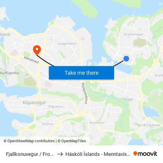 Fjallkonuvegur / Frostafold to Háskóli Íslands - Menntavísindasvið map